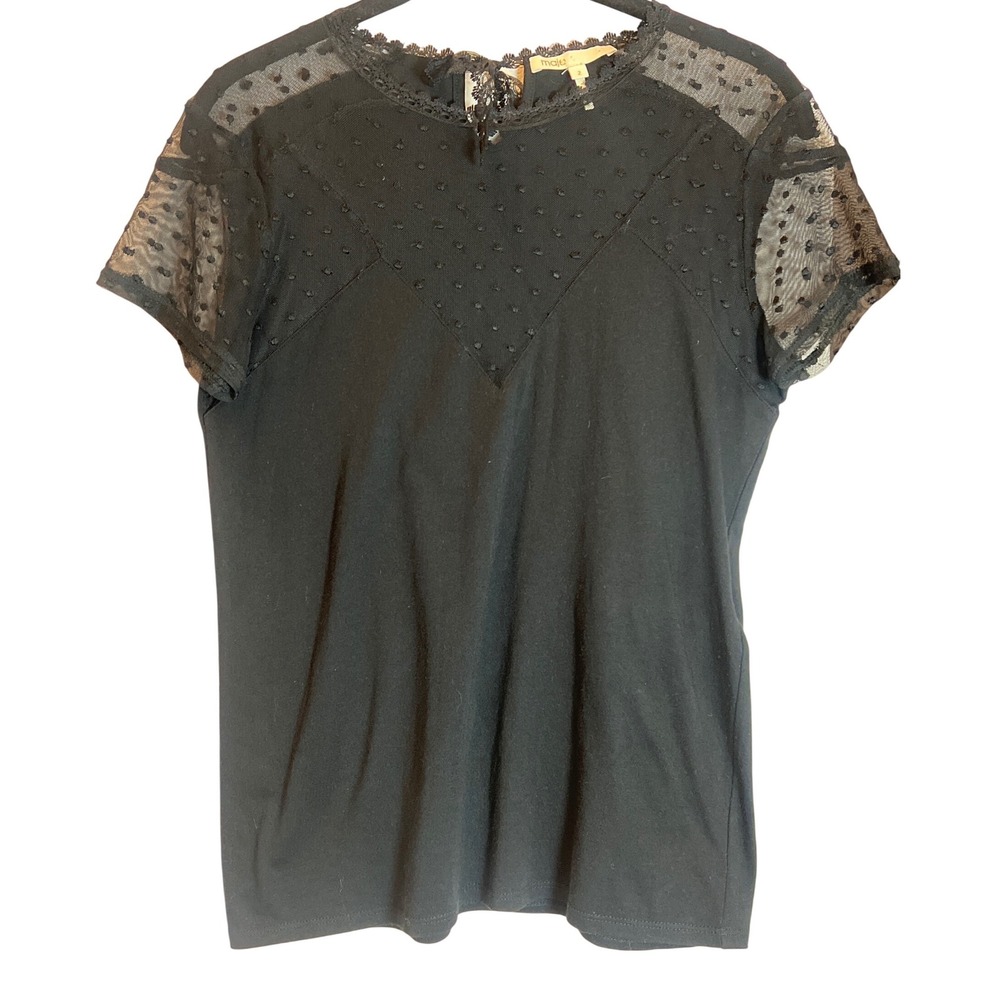 Maje Black Swiss Dot Mesh Lace Trim Short Sleeve Top‎ Size 3Cotton Modal